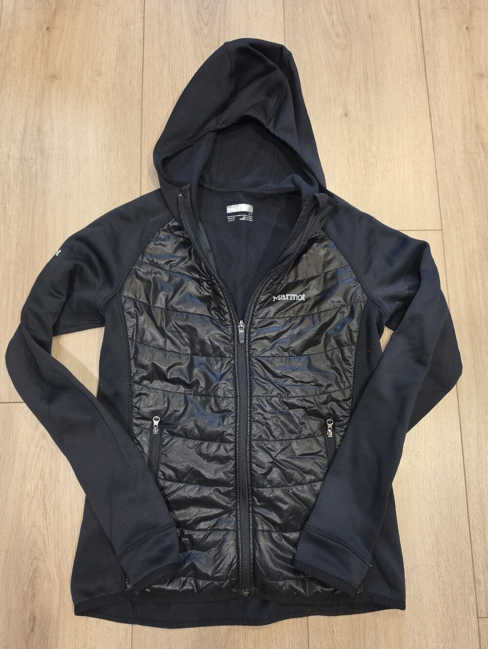 Marmot Black Hooded Hybrid Fleece Puffer Jacket Size Small